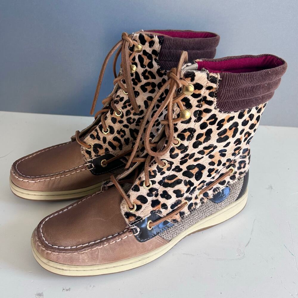 Sperry docksides‎ Boots women's size 9 Leopard Print Brown tweed prep preppy NEW